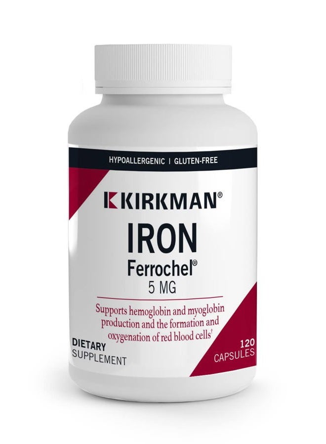 Kirkman Iron Ferrochel 5mg - 120 Capsules - Aids Hemoglobin & Myoglobin Production - Supports Red Blood Cells Formation - Hypoallergenic - Image 1