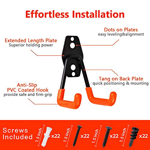 SMARTOLOGY Garage Hooks, 12 Pack Wall Storage Hanger with 2 Extension Cord Straps, Heavy Duty Tool Holder for Utilities Organization, Wall Mount Rack for Garden Lawn Tools, Ladders, Bike, Ski (Orange) - Image 2