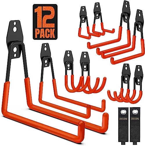 SMARTOLOGY Garage Hooks, 12 Pack Wall Storage Hanger with 2 Extension Cord Straps, Heavy Duty Tool Holder for Utilities Organization, Wall Mount Rack for Garden Lawn Tools, Ladders, Bike, Ski (Orange) - Image 5