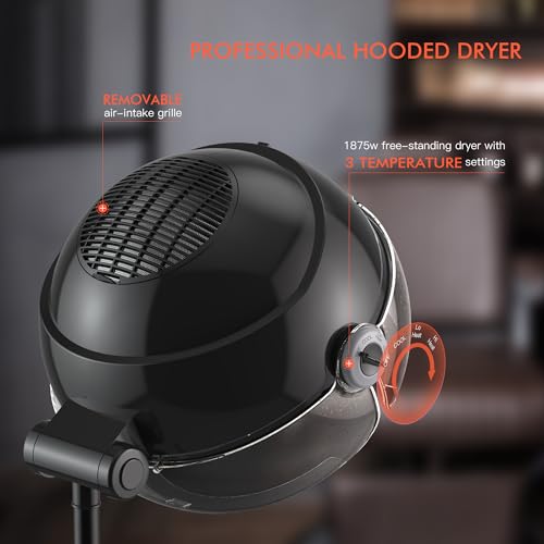 TASALON Ionic Hooded Hair Dryer - 1875W Bonnet Dryer with 3 Temperature Settings - Portable Standing Dryer for Home and Salon (Black) - Image 2
