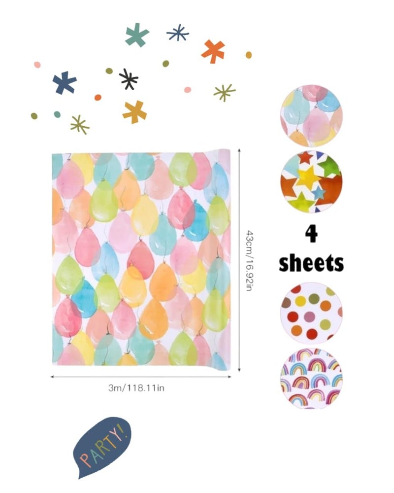 HOOJO 4-Pack Gift Wrapping Paper Rolls – 12 Meters | 4 Colorful Designs Rainbows, Stars, Polka Dots & Balloons | 43cm x 3m Sheets | Perfect Present Wrap for Birthdays, Parties & Holidays - Image 2