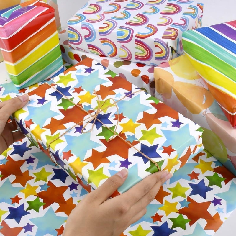 HOOJO 4-Pack Gift Wrapping Paper Rolls – 12 Meters | 4 Colorful Designs Rainbows, Stars, Polka Dots & Balloons | 43cm x 3m Sheets | Perfect Present Wrap for Birthdays, Parties & Holidays - Image 5