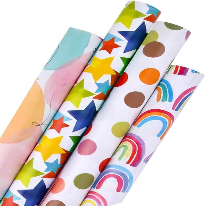 HOOJO 4-Pack Gift Wrapping Paper Rolls – 12 Meters | 4 Colorful Designs Rainbows, Stars, Polka Dots & Balloons | 43cm x 3m Sheets | Perfect Present Wrap for Birthdays, Parties & Holidays - Image 1