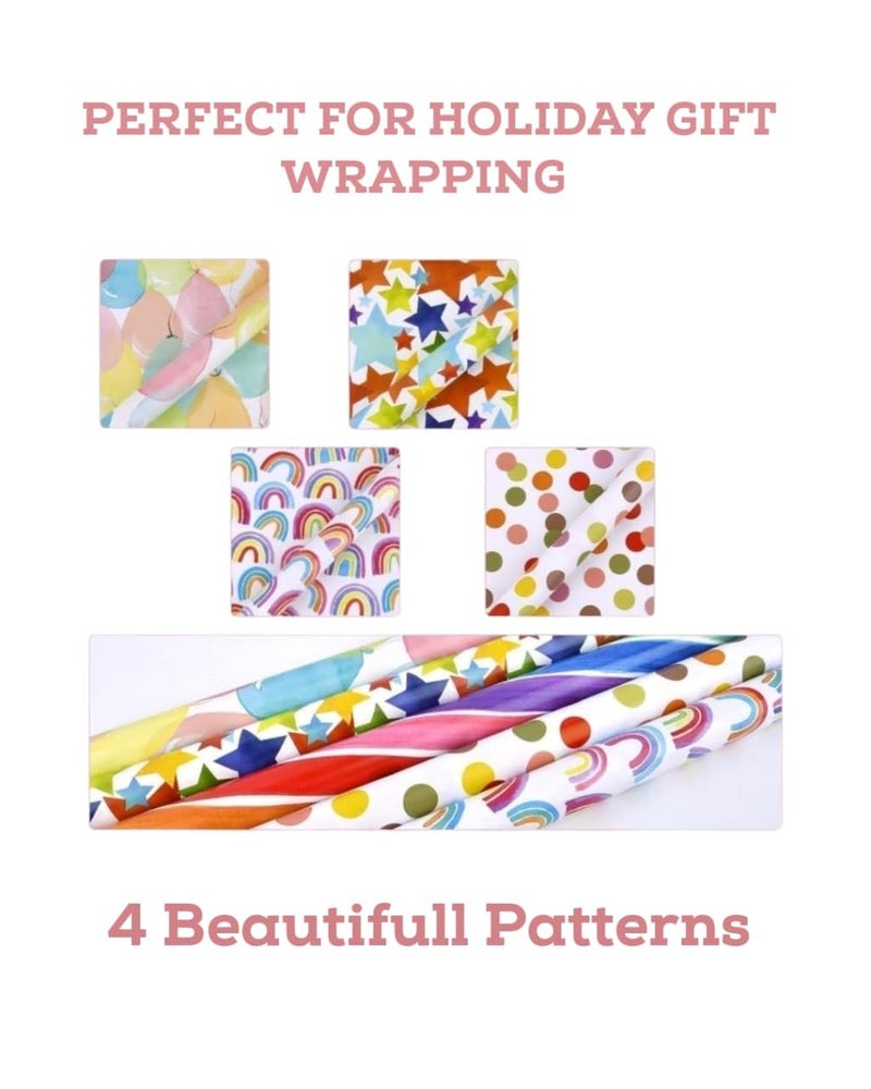 HOOJO 4-Pack Gift Wrapping Paper Rolls – 12 Meters | 4 Colorful Designs Rainbows, Stars, Polka Dots & Balloons | 43cm x 3m Sheets | Perfect Present Wrap for Birthdays, Parties & Holidays - Image 4