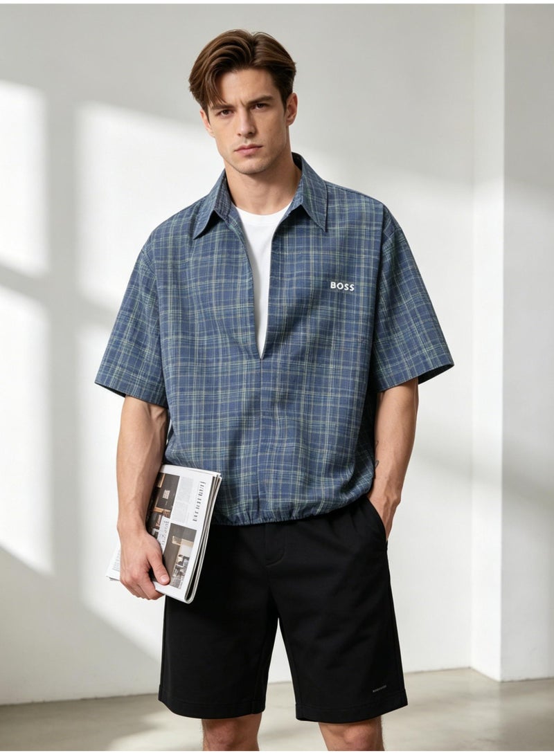 BOSS Men Oversized Short Sleeve Check Shirt Streetwear Summer Casual Top Blue Green Check - Image 4
