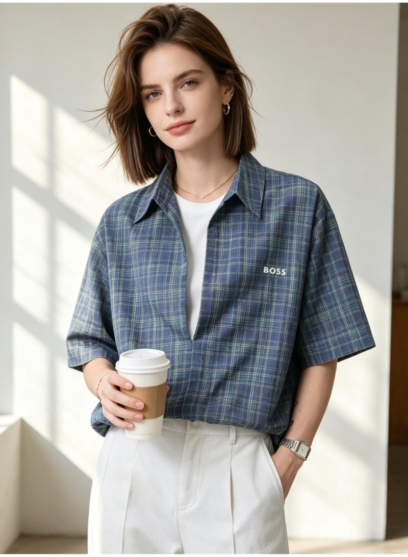 BOSS Men Oversized Short Sleeve Check Shirt Streetwear Summer Casual Top Blue Green Check - Image 3