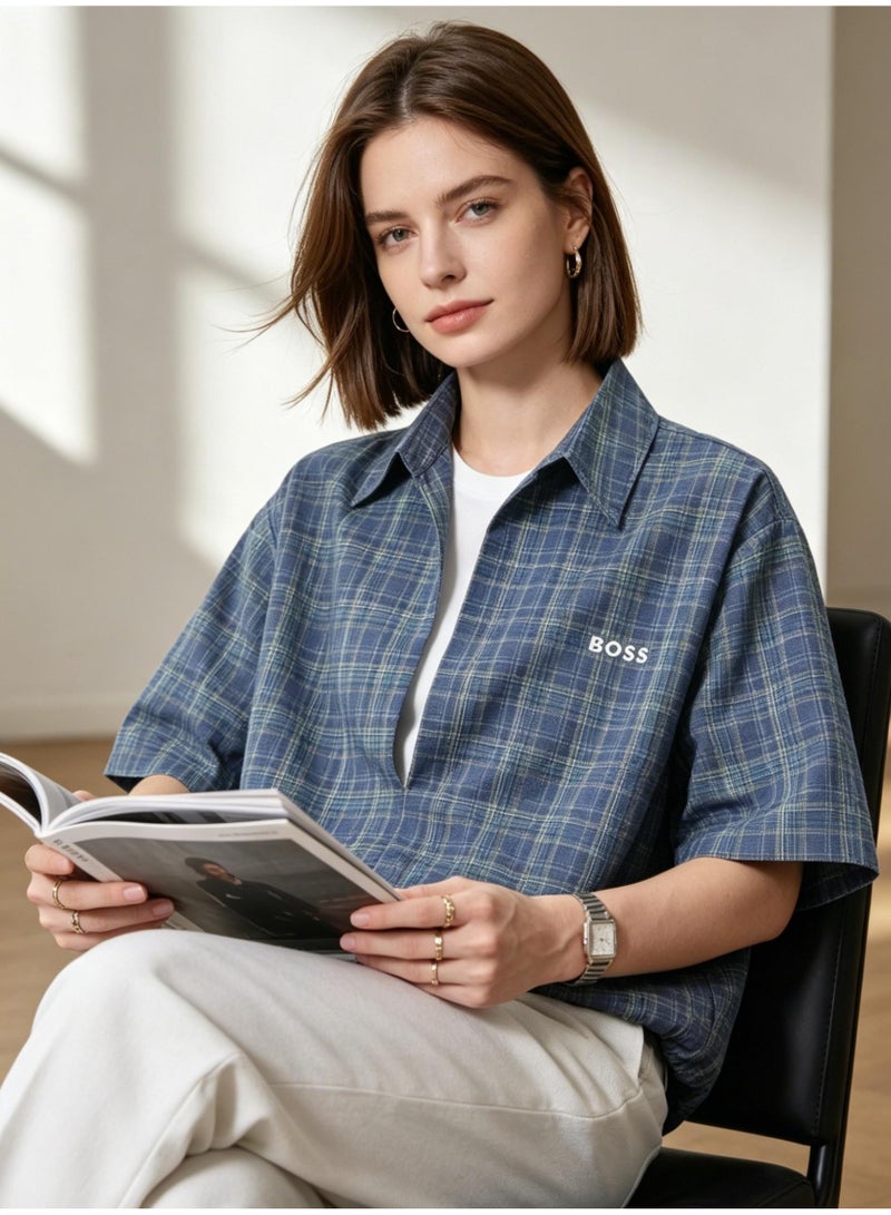 BOSS Men Oversized Short Sleeve Check Shirt Streetwear Summer Casual Top Blue Green Check - Image 5