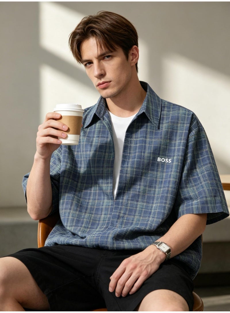 BOSS Men Oversized Short Sleeve Check Shirt Streetwear Summer Casual Top Blue Green Check - Image 2