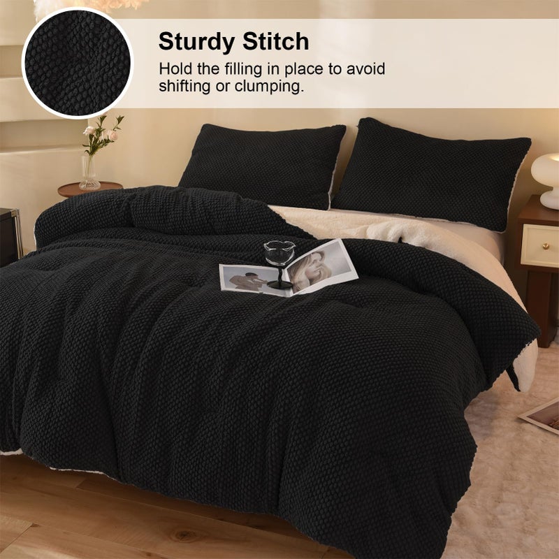 LLanCL 3D Jacquard Design Comforter Set, Ultra-Soft Warm Queen Size Sherpa Fur Plush 3-Pieces Sets Luxury Cozy Bedding with 2 Pillowcases (90"x90", Black) - Image 3