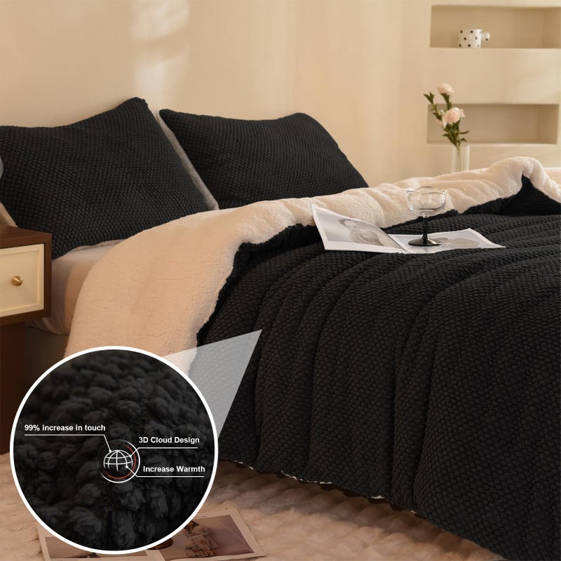 LLanCL 3D Jacquard Design Comforter Set, Ultra-Soft Warm Queen Size Sherpa Fur Plush 3-Pieces Sets Luxury Cozy Bedding with 2 Pillowcases (90"x90", Black) - Image 2