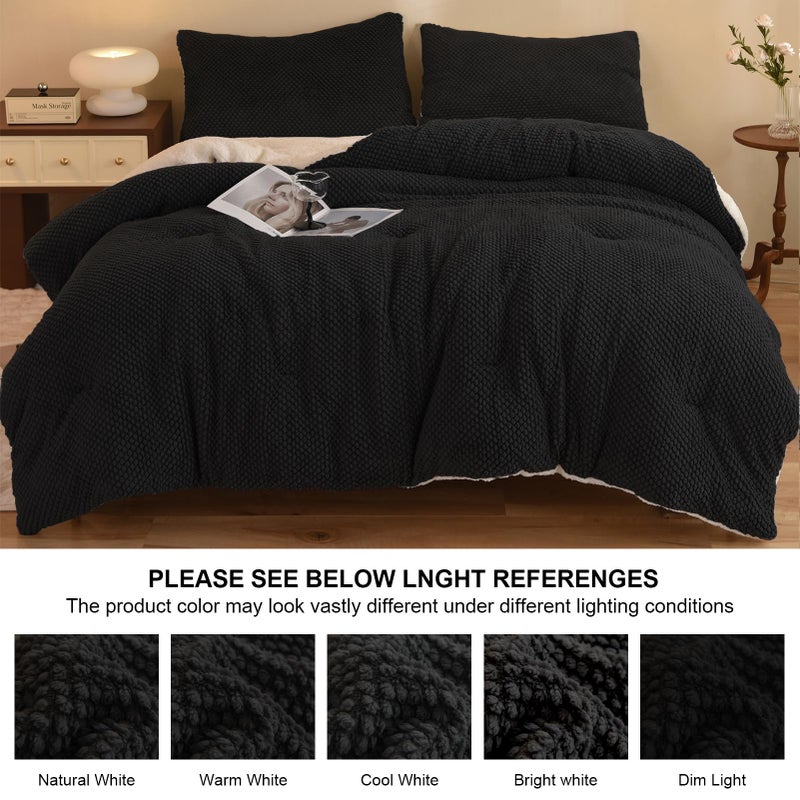 LLanCL 3D Jacquard Design Comforter Set, Ultra-Soft Warm Queen Size Sherpa Fur Plush 3-Pieces Sets Luxury Cozy Bedding with 2 Pillowcases (90"x90", Black) - Image 5