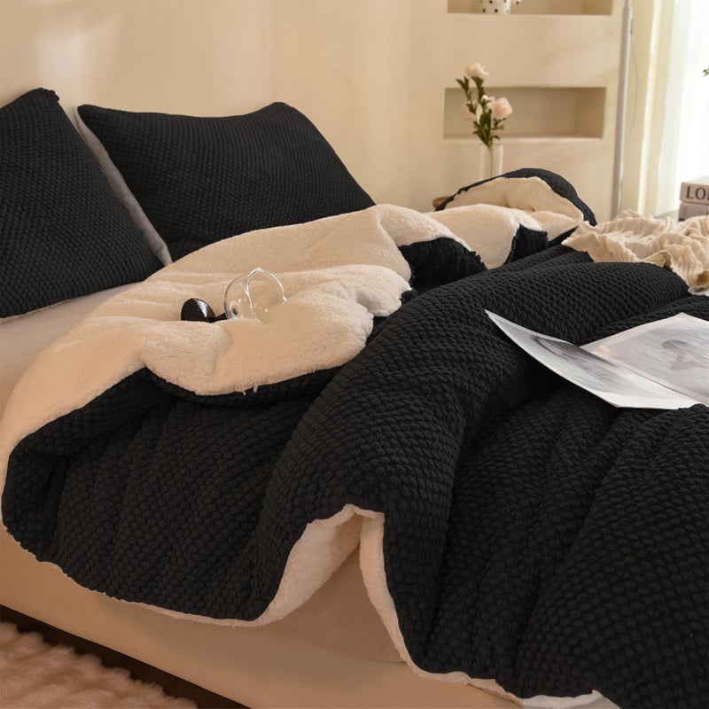 LLanCL 3D Jacquard Design Comforter Set, Ultra-Soft Warm Queen Size Sherpa Fur Plush 3-Pieces Sets Luxury Cozy Bedding with 2 Pillowcases (90"x90", Black) - Image 1