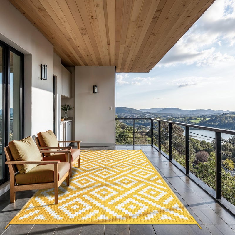 GENIMO Outdoor Rug for Patio Clearance, 6'x9' Reversible Plastic Straw Rugs, Lightweight Waterproof RV Camping Mat for Camper, Balcony, Deck, Backyard, Picnic, Yellow & Beigewhite - Image 4