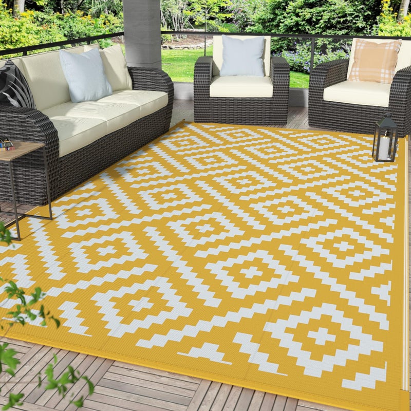 GENIMO Outdoor Rug for Patio Clearance, 6'x9' Reversible Plastic Straw Rugs, Lightweight Waterproof RV Camping Mat for Camper, Balcony, Deck, Backyard, Picnic, Yellow & Beigewhite - Image 1