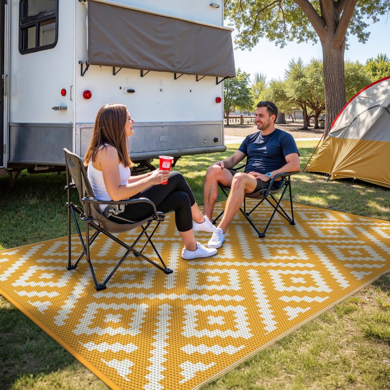 GENIMO Outdoor Rug for Patio Clearance, 6'x9' Reversible Plastic Straw Rugs, Lightweight Waterproof RV Camping Mat for Camper, Balcony, Deck, Backyard, Picnic, Yellow & Beigewhite - Image 3