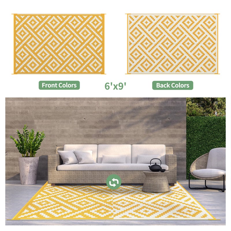 GENIMO Outdoor Rug for Patio Clearance, 6'x9' Reversible Plastic Straw Rugs, Lightweight Waterproof RV Camping Mat for Camper, Balcony, Deck, Backyard, Picnic, Yellow & Beigewhite - Image 5