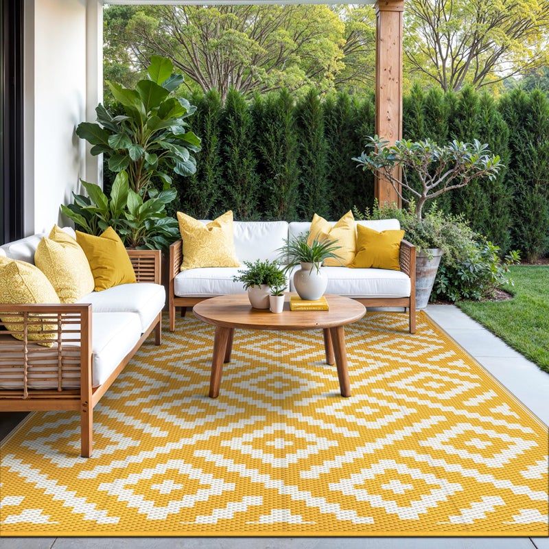 GENIMO Outdoor Rug for Patio Clearance, 6'x9' Reversible Plastic Straw Rugs, Lightweight Waterproof RV Camping Mat for Camper, Balcony, Deck, Backyard, Picnic, Yellow & Beigewhite - Image 2