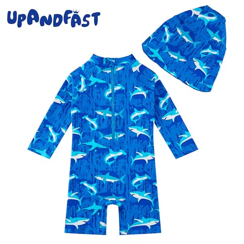 upandfast Baby/Toddler Swimsuit UPF 50+ Sun Protection One Piece Zipper Bathing Suit with Sun Hat Infant Beach Swimwear (Sea Blue Shark,6-9 Months) - Image 3