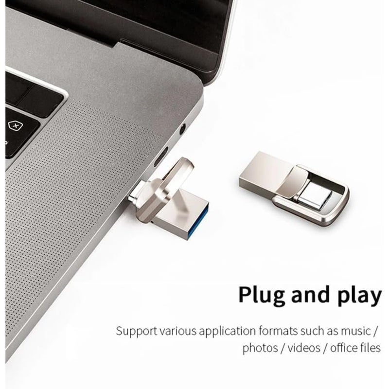 محرك أقراص فلاش USB مزدوج الموصل سعة 2 تيرابايت للهواتف الذكية والأجهزة اللوحية والكمبيوتر الشخصي - هيكل معدني فضي - سرعة قراءة فائقة السرعة تبلغ 120 ميجابايت/ثانية - تخزين USB 3.0 Type-C OTG - Image 3