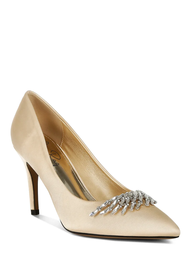 London Rag Diamante Brooch Detail Satin Pumps in Gold