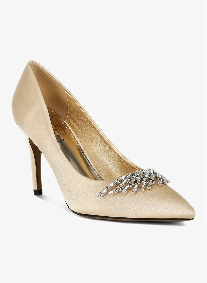 London Rag Diamante Brooch Detail Satin Pumps in Gold