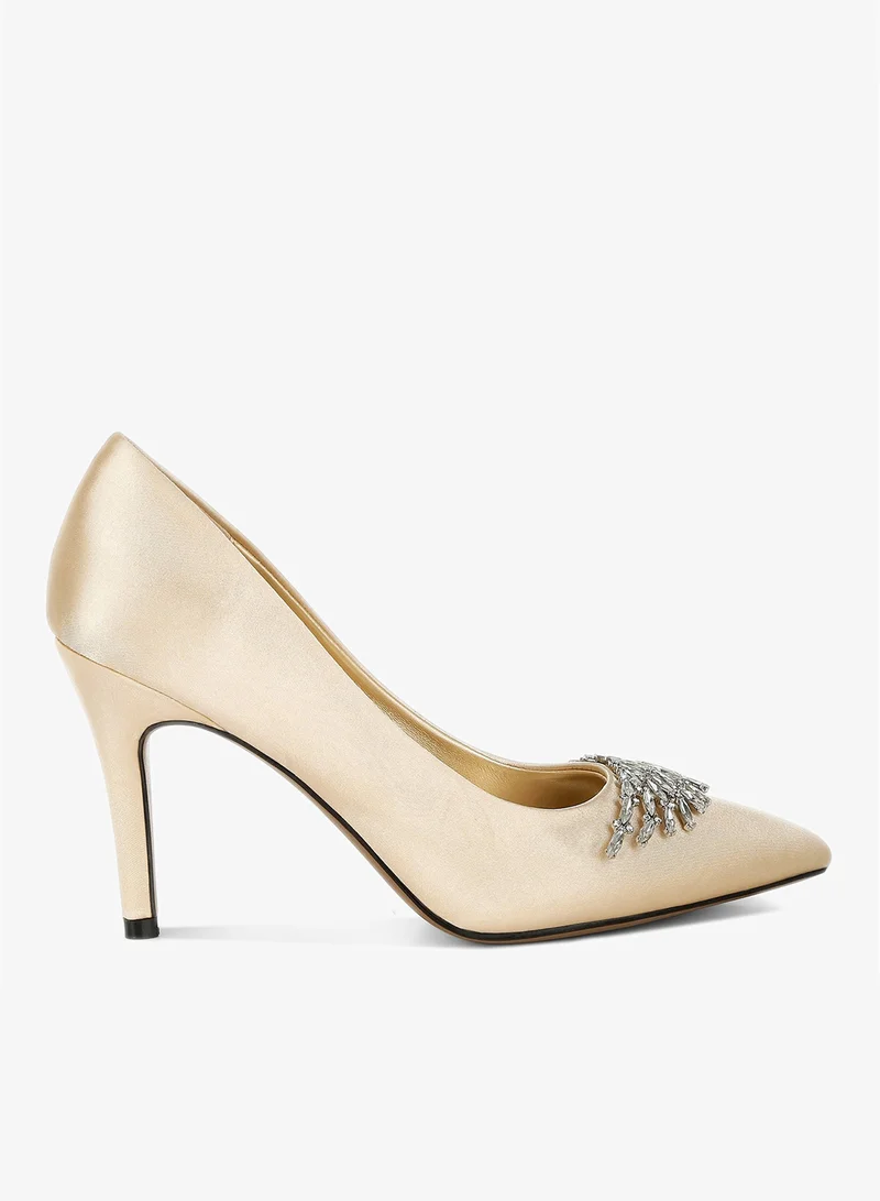 Diamante Brooch Detail Satin Pumps in Gold