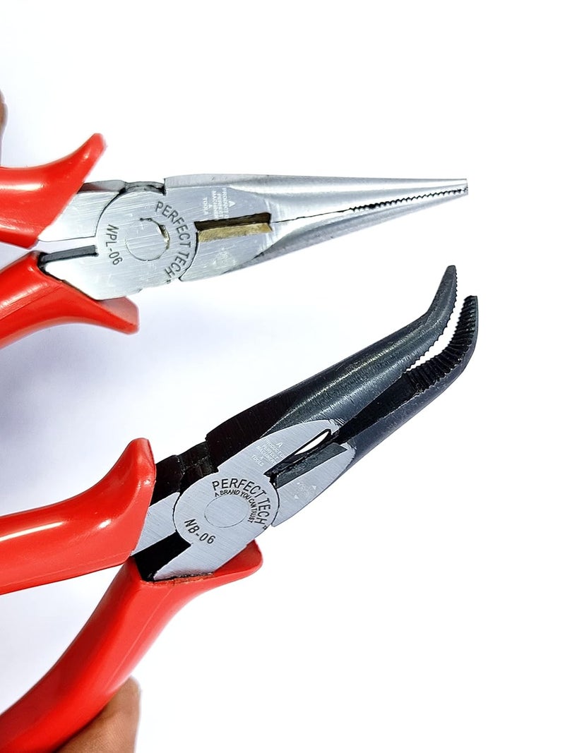 PERFECT TECH Combo 2 Pcs 6" Bend Nose Plier | Long Nose Plier (Red) | Nose Pliers | Electronics Outside | Circlip Professional | Multipurpose Works | Non-Slip Handle | Pliers set tools Wrench - Image 1