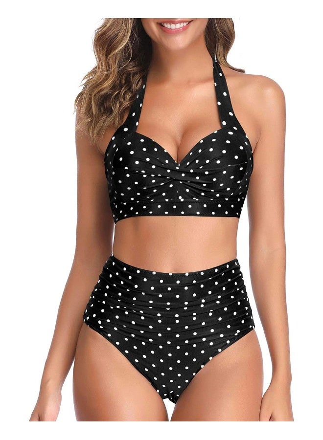 Tempt Me Womens Vintage Swimsuits Black Little Dot Retro Halter Ruched High Waist Bikini with Bottom M - Image 1