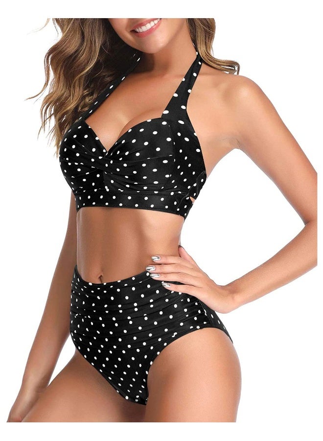 Tempt Me Womens Vintage Swimsuits Black Little Dot Retro Halter Ruched High Waist Bikini with Bottom M - Image 3