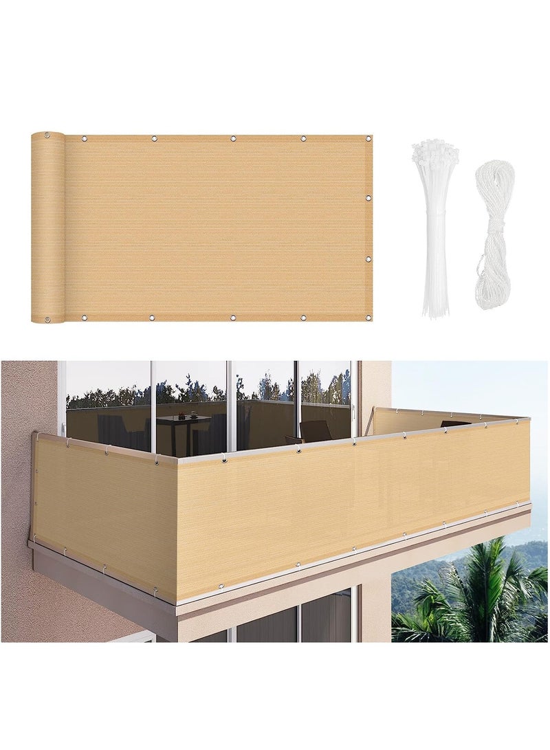 HOME TASTE Balcony Privacy Screen 0.9x5M – Beige HDPE Fence Cover, 230g/m² UV-Resistant Wind & Sun Shade with Grommets, Cable Ties & Rope - Image 1