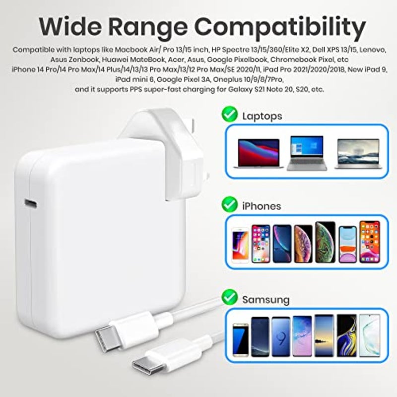 96W Type C Macbook Pro-Air Fast Replacement Charger, Power Adapter Compatible with 13, 14, 15, 16 Inch 2016/17/18/19/20 Model Laptops, Tabs and Smartphones, Thunderbolt Charger with 6ft USB C Cable - Image 3