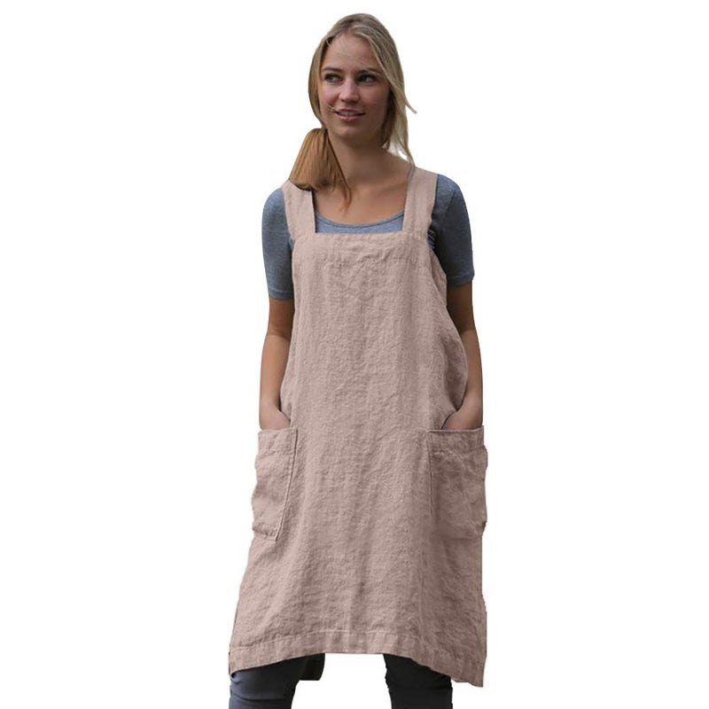 Larmliss Women 's Pinafore Square Apron Baking Cooking Gardening Works Cross Back Cotton/Linen Blend Dress with 2 Pockets Pink-L - Image 1