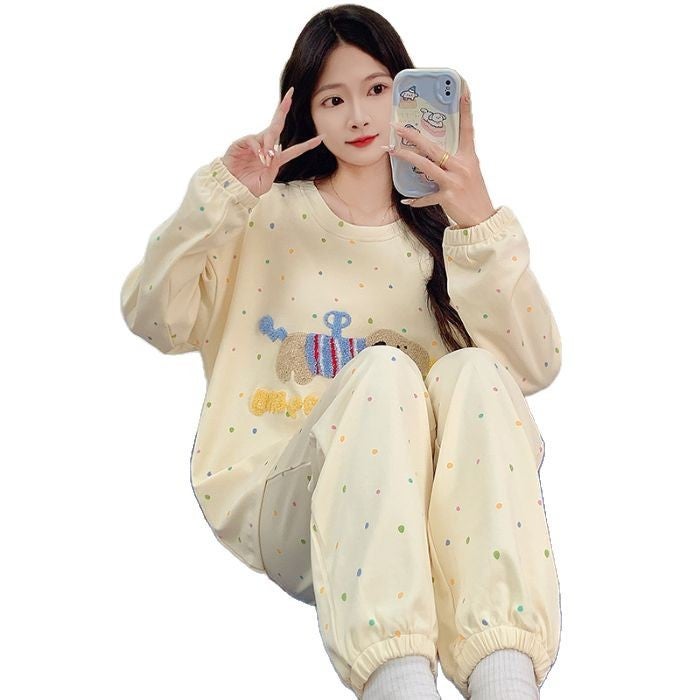 Women's Padded Pajama Set, Round Neck, Long Sleeve, Long Pants, Cute Sweet Homewear - Image 5