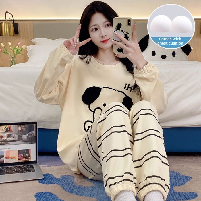 Women's Padded Pajama Set, Round Neck, Long Sleeve, Long Pants, Cute Sweet Homewear - Image 4