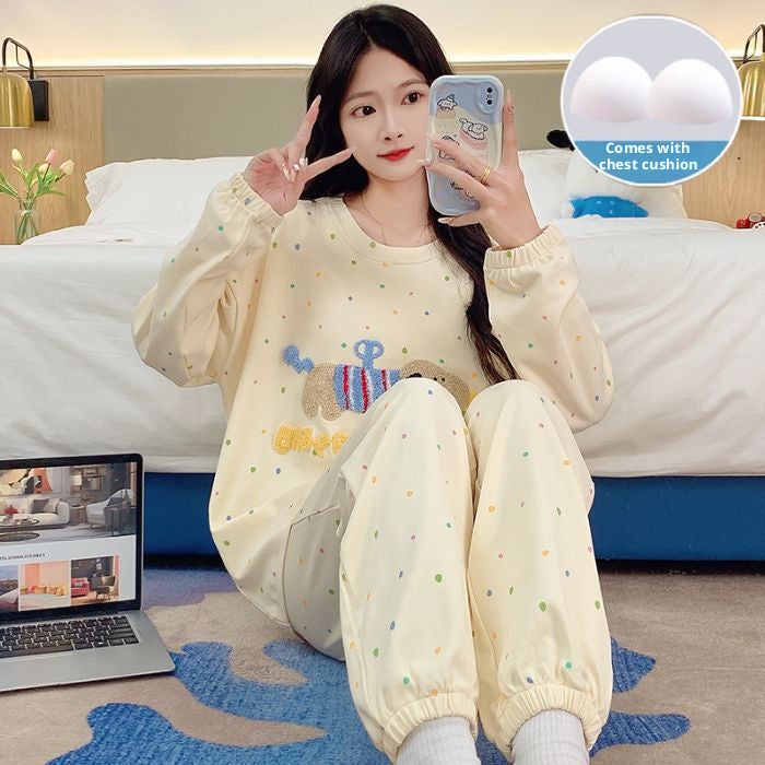 Women's Padded Pajama Set, Round Neck, Long Sleeve, Long Pants, Cute Sweet Homewear - Image 1