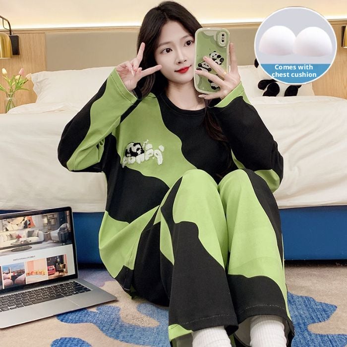 Women's Padded Pajama Set, Round Neck, Long Sleeve, Long Pants, Cute Sweet Homewear - Image 2