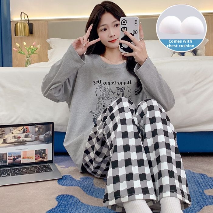 Women's Padded Pajama Set, Round Neck, Long Sleeve, Long Pants, Cute Sweet Homewear - Image 3