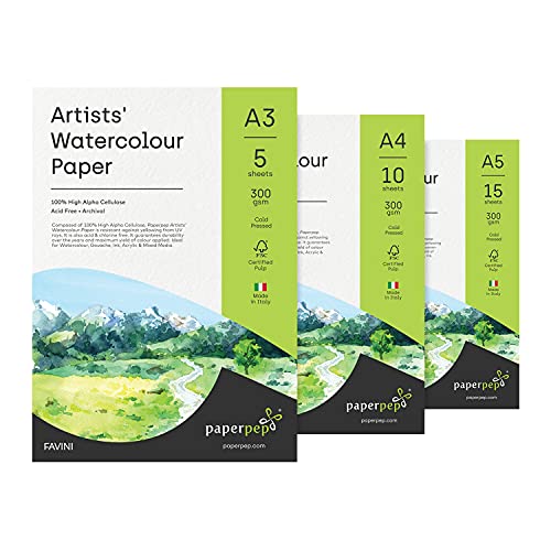 PaperPep Artists' Watercolour Paper 300GSM Cold Pressed A3 (Pack of 5) + A4 (Pack of 10) + A5 (Pack of 15) for Watercolour, Gouache, Ink, Acrylic, Art Painting, Drawing for Artists' & Amateurs - Image 1