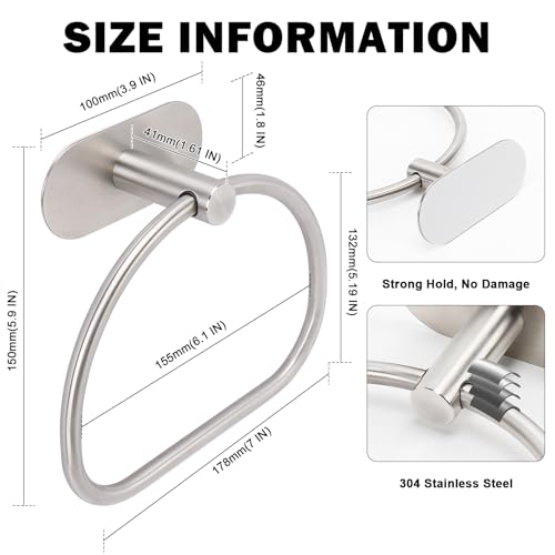 Livabber Towel Ring for Bathroom, 304 Stainless Steel Hand Towel Holder, Heavy Duty Towel Hanger for Bath, Kitchen, Hotel (4″ Self-Adhesive Base, Brushed Nickel) - Image 2