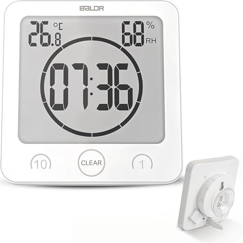 BALDR Digital Shower Clock with Timer Water-Resistant, Countdown Timer Clock with Temperature & Humidity, Digital Clock for Shower, Bathroom Clock, Alarm Clock Battery Powered - White - Image 1
