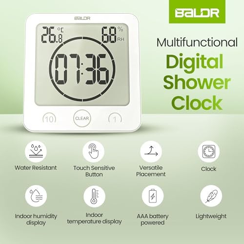 BALDR Digital Shower Clock with Timer Water-Resistant, Countdown Timer Clock with Temperature & Humidity, Digital Clock for Shower, Bathroom Clock, Alarm Clock Battery Powered - White - Image 5