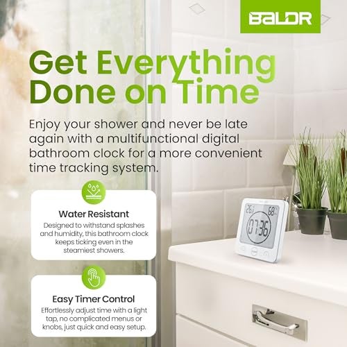 BALDR Digital Shower Clock with Timer Water-Resistant, Countdown Timer Clock with Temperature & Humidity, Digital Clock for Shower, Bathroom Clock, Alarm Clock Battery Powered - White - Image 2