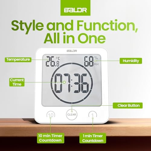 BALDR Digital Shower Clock with Timer Water-Resistant, Countdown Timer Clock with Temperature & Humidity, Digital Clock for Shower, Bathroom Clock, Alarm Clock Battery Powered - White - Image 4