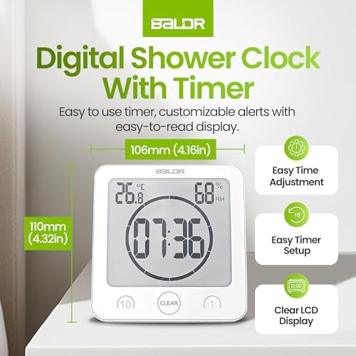 BALDR Digital Shower Clock with Timer Water-Resistant, Countdown Timer Clock with Temperature & Humidity, Digital Clock for Shower, Bathroom Clock, Alarm Clock Battery Powered - White - Image 3