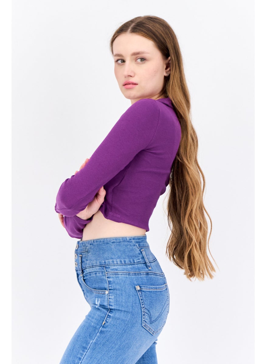 BRAVE SOUL Women Surplice Neck Long Sleeves Textured Crop Top, Purple  - Image 2