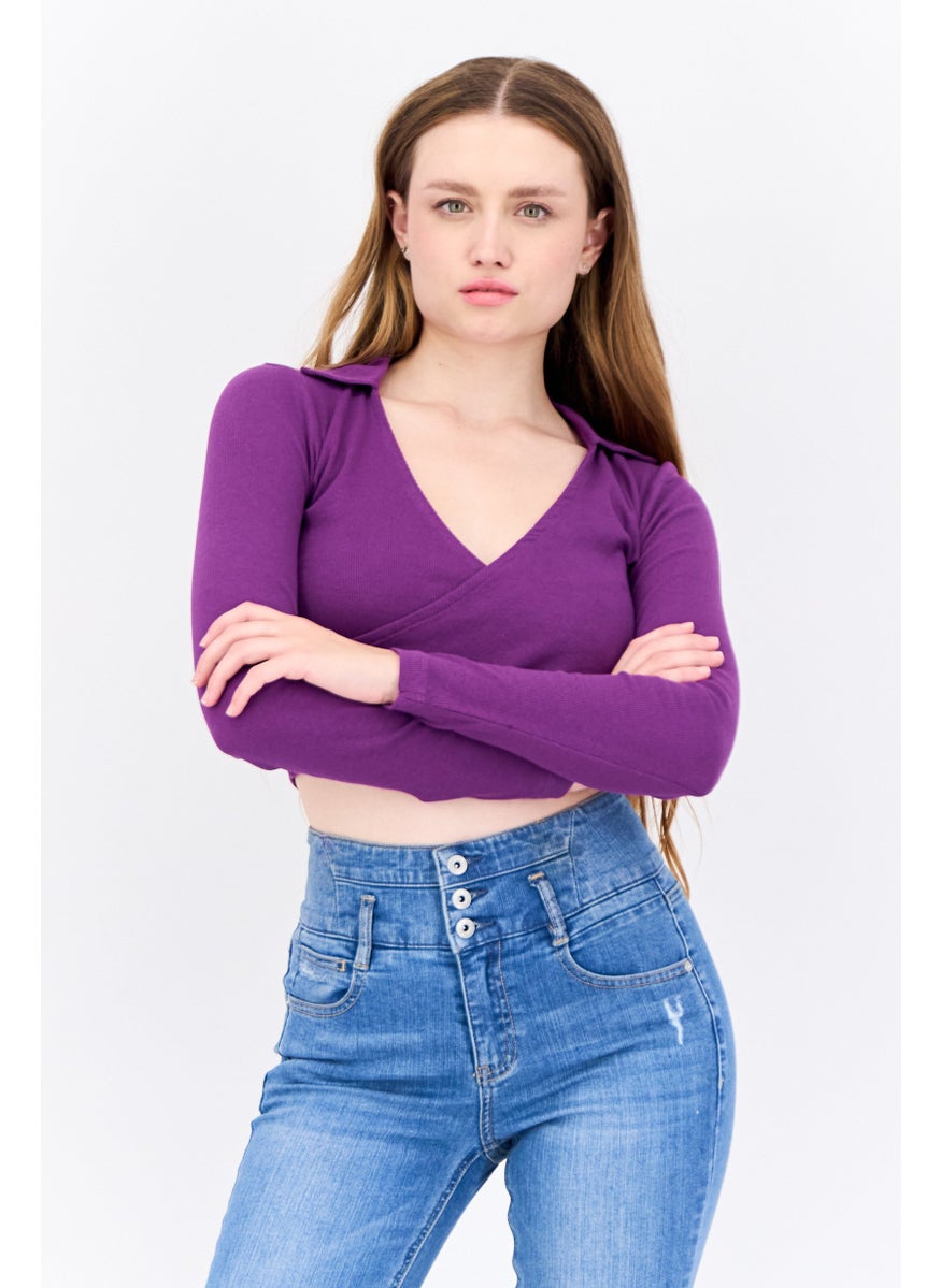 BRAVE SOUL Women Surplice Neck Long Sleeves Textured Crop Top, Purple  - Image 1