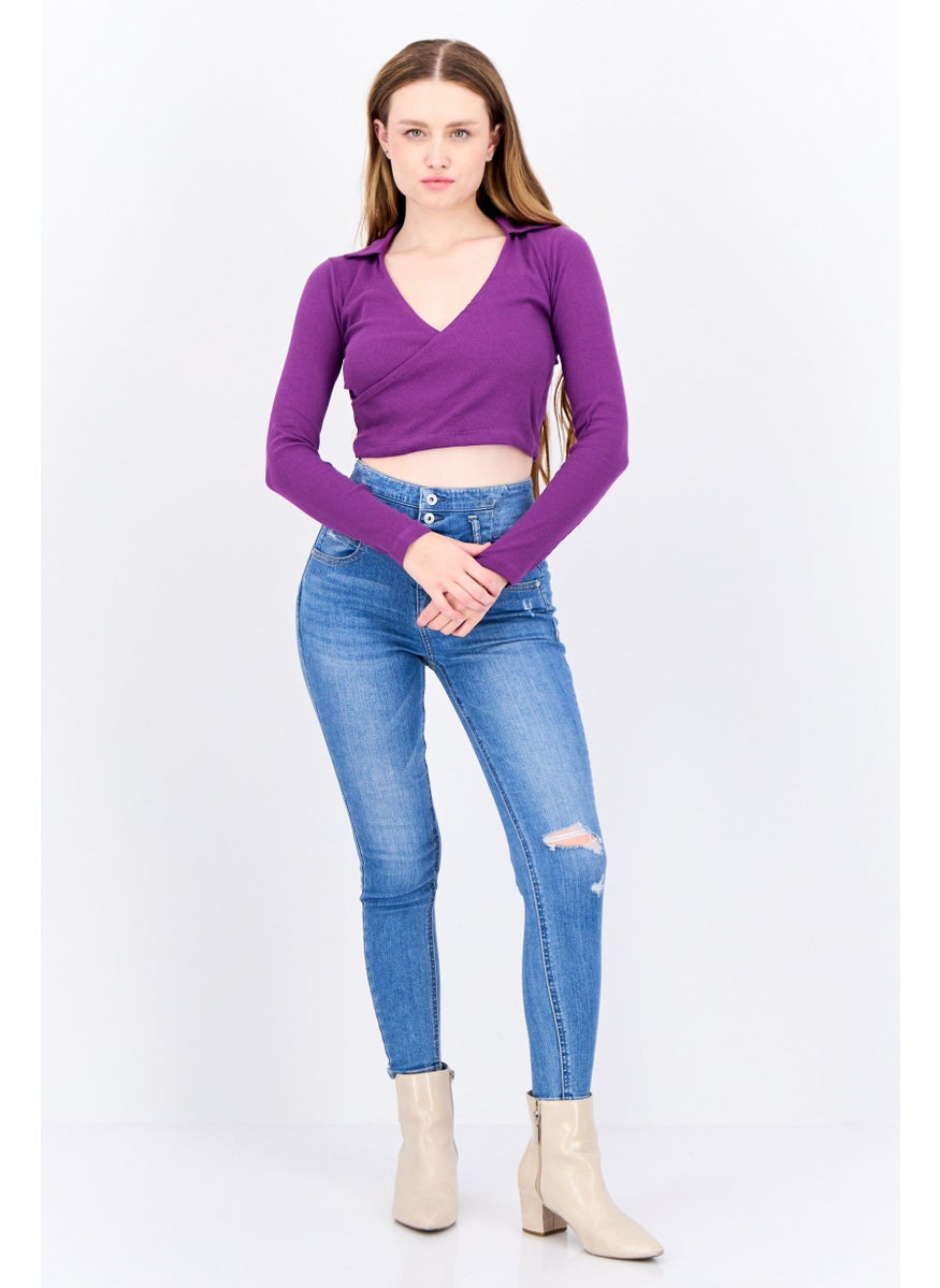 BRAVE SOUL Women Surplice Neck Long Sleeves Textured Crop Top, Purple  - Image 4