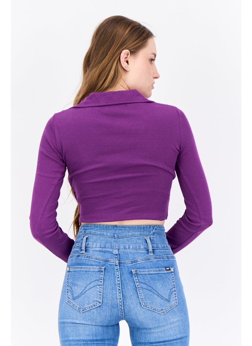 BRAVE SOUL Women Surplice Neck Long Sleeves Textured Crop Top, Purple  - Image 3