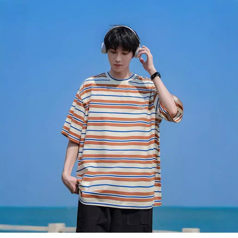 Vintage Japanese-style Hong Kong-style Couples Striped Short-sleeved T-shirt Summer Round Neck Casual T-shirt Men's Contrast Color Trendy Brand All-match - Image 4
