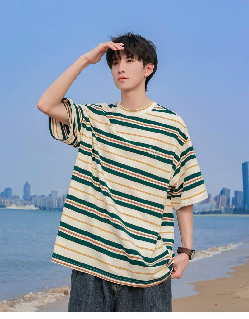 Vintage Japanese-style Hong Kong-style Couples Striped Short-sleeved T-shirt Summer Round Neck Casual T-shirt Men's Contrast Color Trendy Brand All-match - Image 1